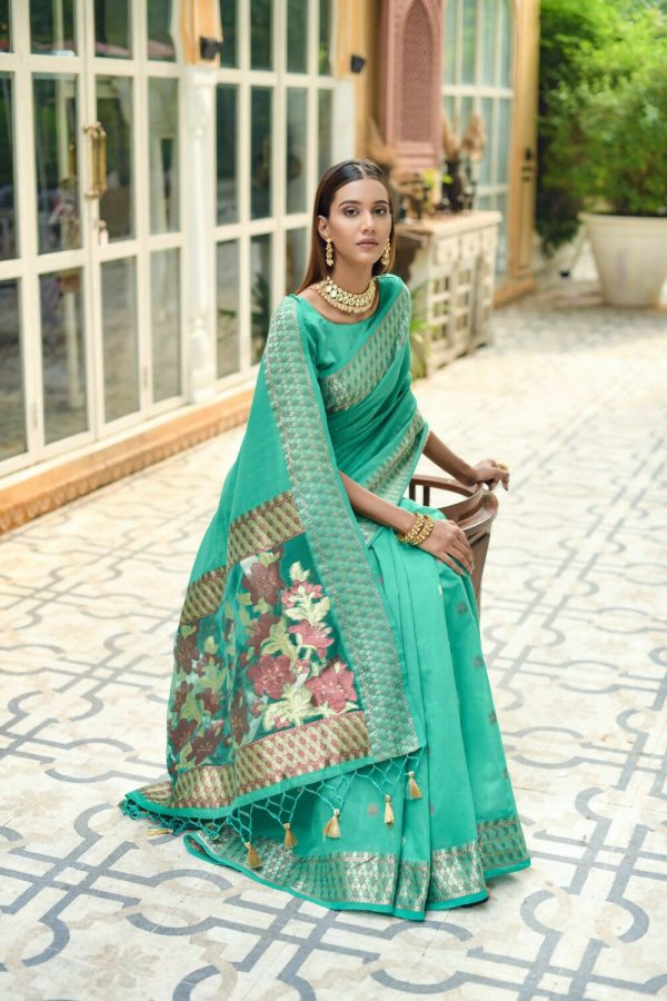 Vishnu Weaves Women s Sea Green Cotton Silk Zari Woven Butta Work Saree with Blouse Online now