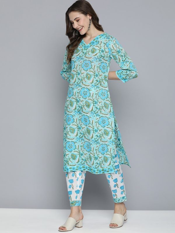 HERE&NOW Floral Printed Regular Pure Cotton Kurta with Trousers & With Dupatta For Sale