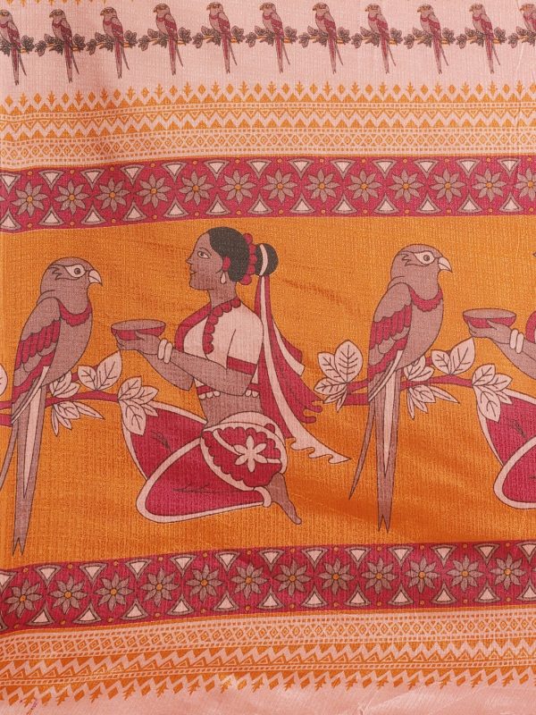 Saree Mall Peach-Coloured & Maroon Warli Print Bhagalpuri Saree Online now