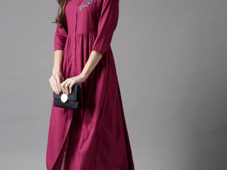 HERE&NOW Embroidered Wine Viscose Kurta on Sale