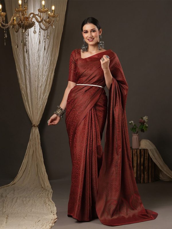 Saree Mall Maroon Woven Design Zari Silk Blend Banarasi Sarees Online Hot Sale