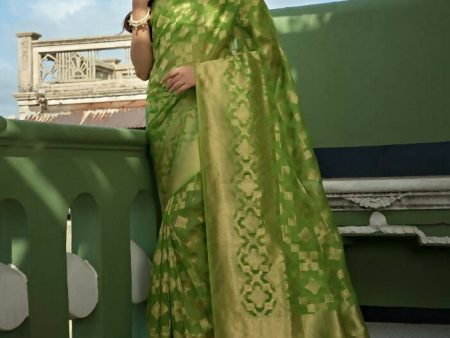 Glamorous Designer Parrot Green Color Organza Silk Saree With Weaving Work - Yomika Fashions Discount