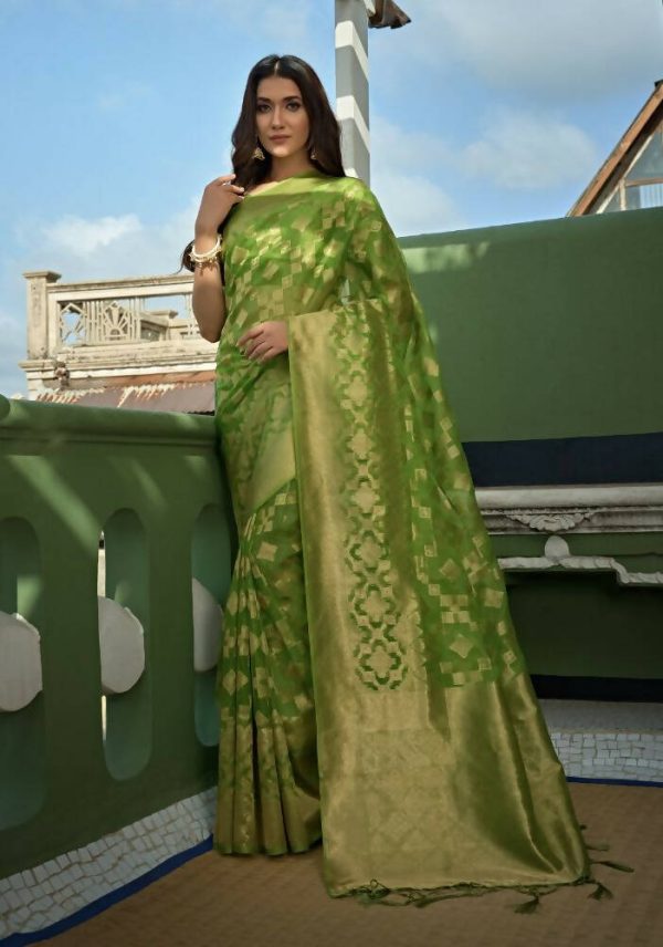 Glamorous Designer Parrot Green Color Organza Silk Saree With Weaving Work - Yomika Fashions Discount