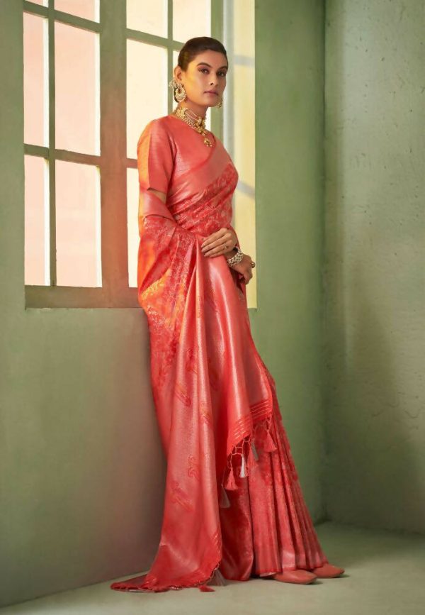 Elegant Designer Tomato Red Color Kanjivaram Silk Saree With Weaving Work - Yomika Fashions Hot on Sale