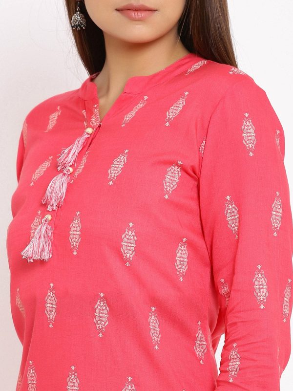 HERE&NOW Pink Mandarin Collar Ethnic Motifs Printed Pure Cotton Kurta Online Hot Sale