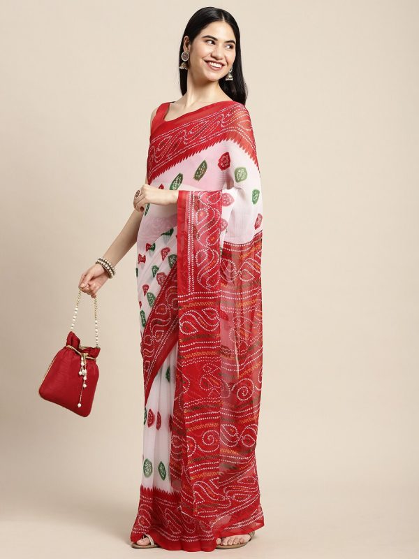 Saree Mall White & Red Printed Bandhani Sarees Hot on Sale