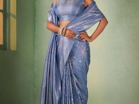 Charming Designer Greyish Blue Color Kanjivaram Silk Saree With Weaving Work - Yomika Fashions Online