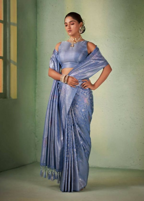 Charming Designer Greyish Blue Color Kanjivaram Silk Saree With Weaving Work - Yomika Fashions Online