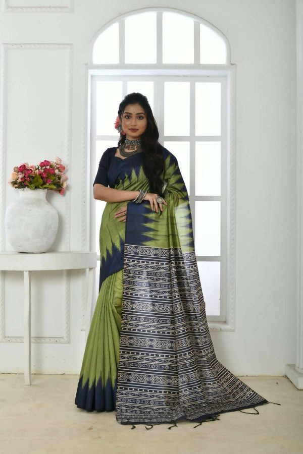 Vishnu Weaves Women s Olive Tussar Silk Temple Print Saree with Blouse Supply