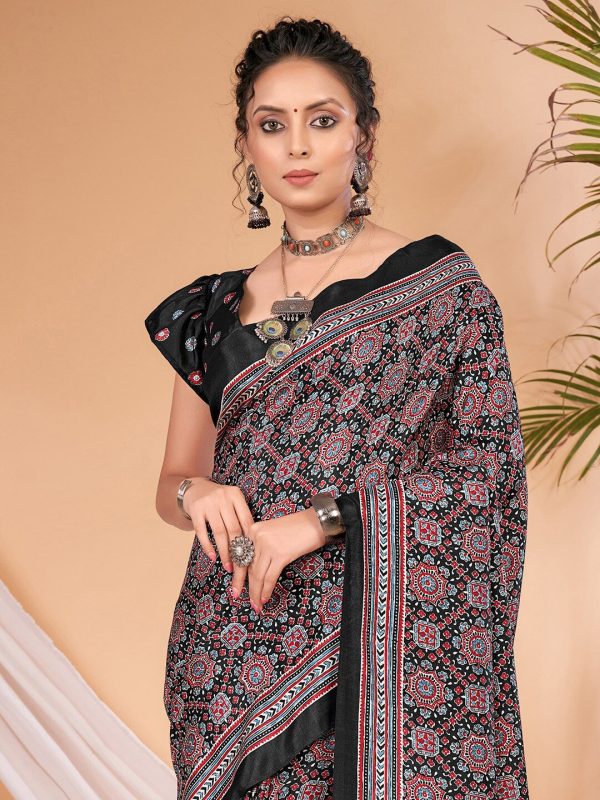 Saree Mall Ajrakh Silk Blend Block Print Sarees on Sale