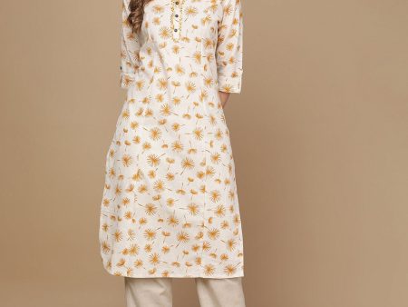 HERE&NOW Off White & Mustard Yellow Floral Printed Thread Work Sequinned Cotton Kurta Discount