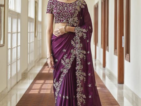 Myra Purple Embroidered Crepe Fancy Saree Supply