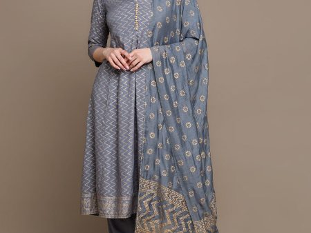 HERE&NOW Chevron Printed Anarkali Kurta with Trousers & Dupatta on Sale