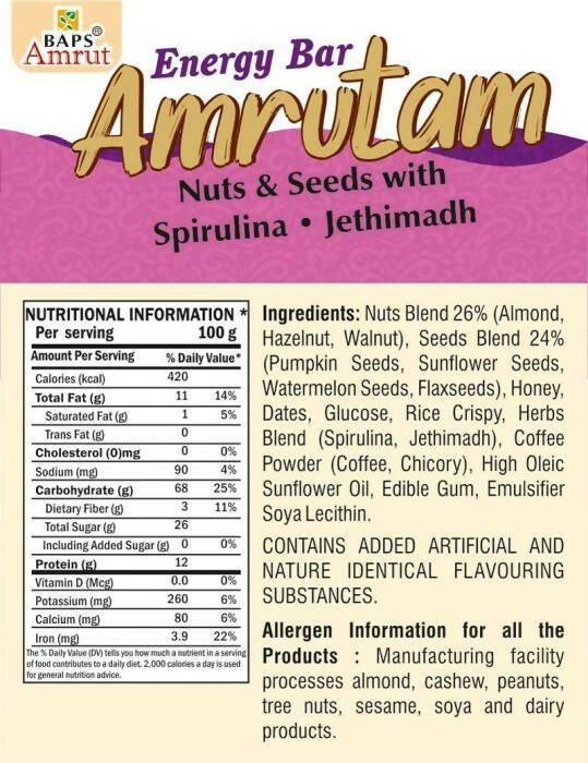 Baps Amrut Energy Bar Amrutam (Nuts & Seeds With Spirulina , Jethimadh) For Discount