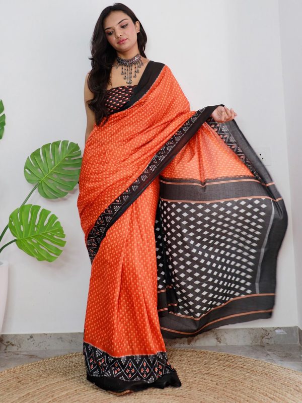 Saree Mall Orange & Black Ethnic Motifs Printed Pure Cotton Sarees For Cheap