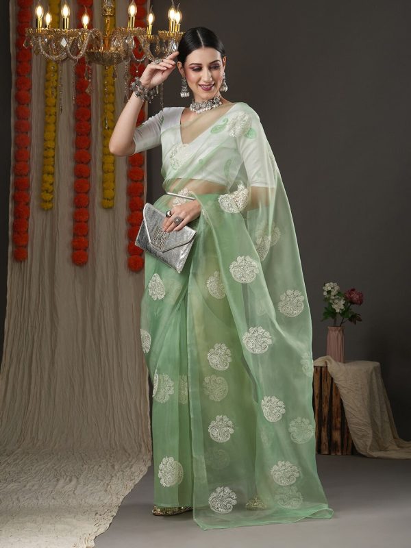 Saree Mall Olive Green & White Paisley Embroidered Organza Banarasi Sarees Hot on Sale