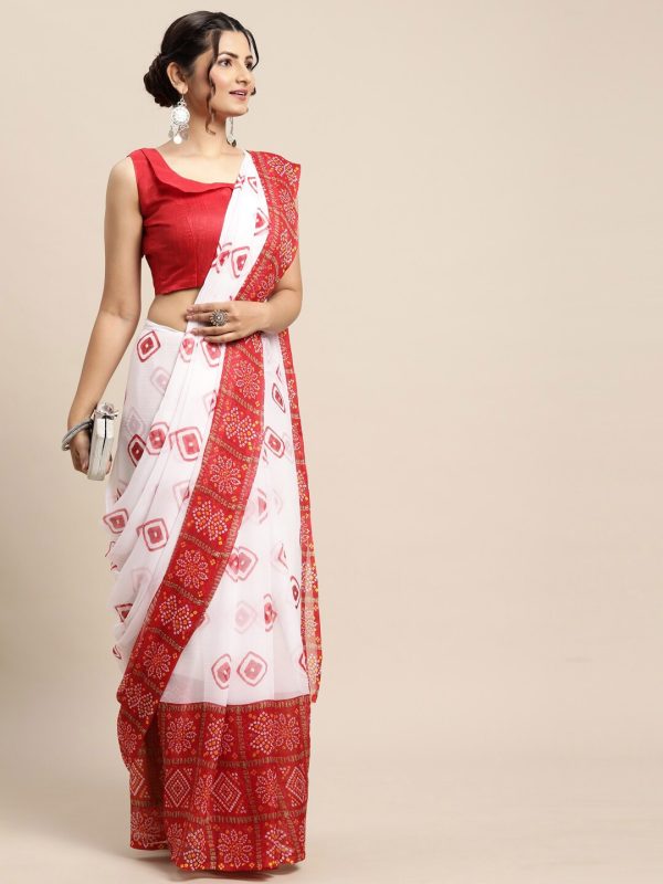 Saree Mall Women White & Red Bandhani Printed Poly Chiffon Sarees For Discount