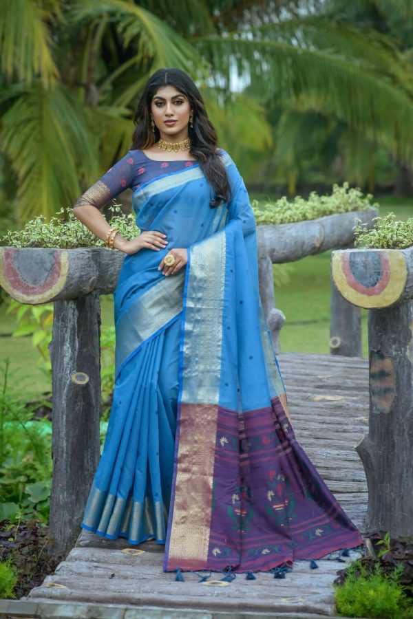 Vishnu Weaves Women s Blue Cotton Silk Zari Woven Saree with Blouse Online now