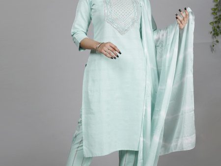 HERE&NOW Green Ethnic Motifs Embroidered Sequined Cotton Kurta Set Fashion