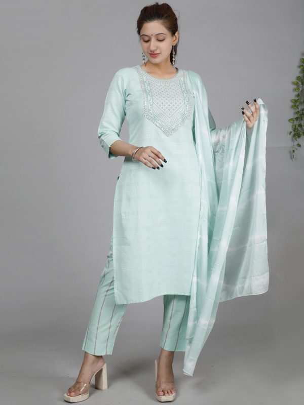 HERE&NOW Green Ethnic Motifs Embroidered Sequined Cotton Kurta Set Fashion