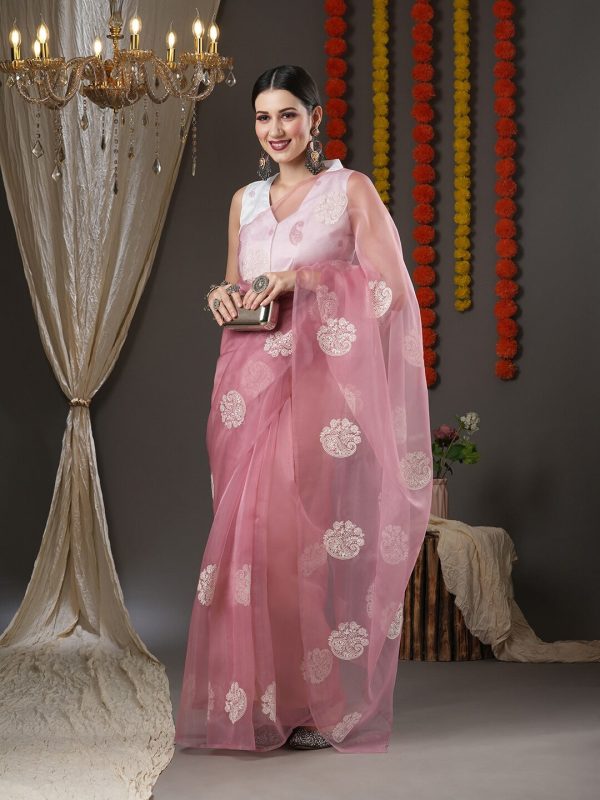 Saree Mall Mauve & White Floral Embroidered Organza Banarasi Sarees Discount