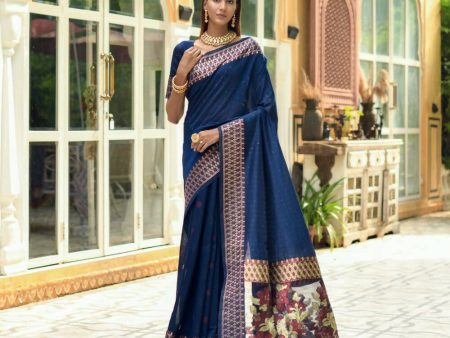 Vishnu Weaves Women s Blue Cotton Silk Zari Woven Butta Work Saree with Blouse Supply