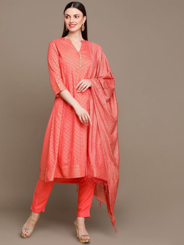 HERE&NOW Chevron Printed Kurta with Trousers & Dupatta Fashion