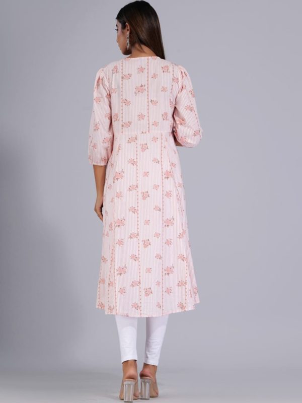 HERE&NOW Peach & White Floral Printed Tie-Up Neck Cotton A-Line Kurta For Cheap