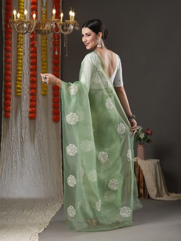 Saree Mall Olive Green & White Paisley Embroidered Organza Banarasi Sarees Hot on Sale