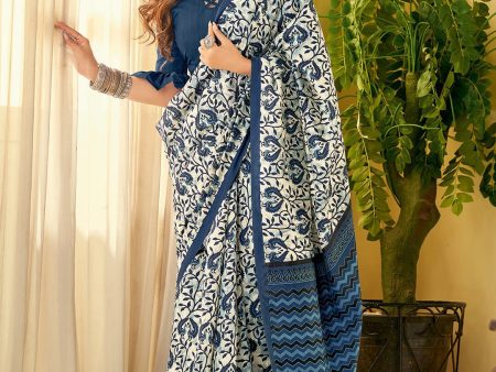 Saree Mall Off White & Blue Ethnic Motifs Dabu Saree For Cheap