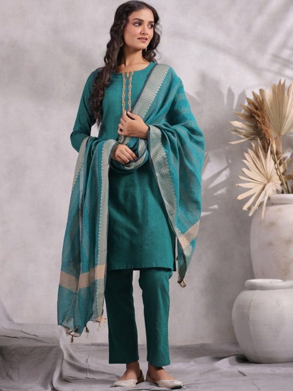 Anubhutee Ethnic Motifs Yoke Design Thread Work Pure Cotton Kurta with Trousers & Dupatta Discount