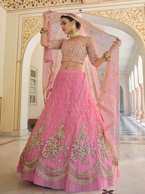 Myra Baby Pink Net Embroidered Lehenga Online now