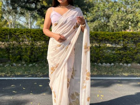 Vamsee Cream Chiffon Designer Saree Discount