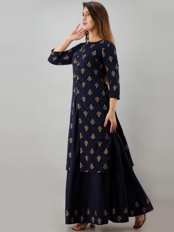 HERE&NOW Navy Blue & Gold-Toned Ethnic Motifs Printed Kurta with Skirt Fashion