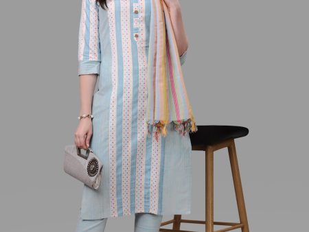 HERE&NOW Turquoise Blue Striped Regular Pure Cotton Kurta with Trousers & With Dupatta For Cheap