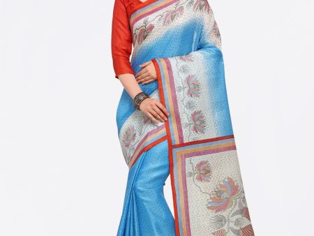 Saree Mall Blue & Beige Art Silk Printed Bhagalpuri Saree Hot on Sale