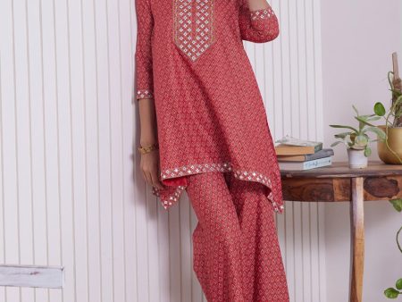 HERE&NOW Embroidered Ethnic Motifs Printed Mirror Work Asymmetric Kurti with Palazzos Cheap