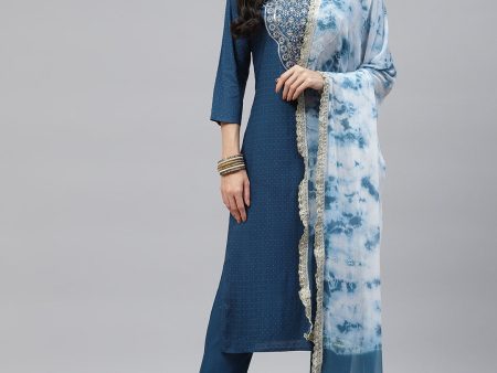 HERE&NOW Women Blue Embroidered Kurta with Trousers & Dupatta Online