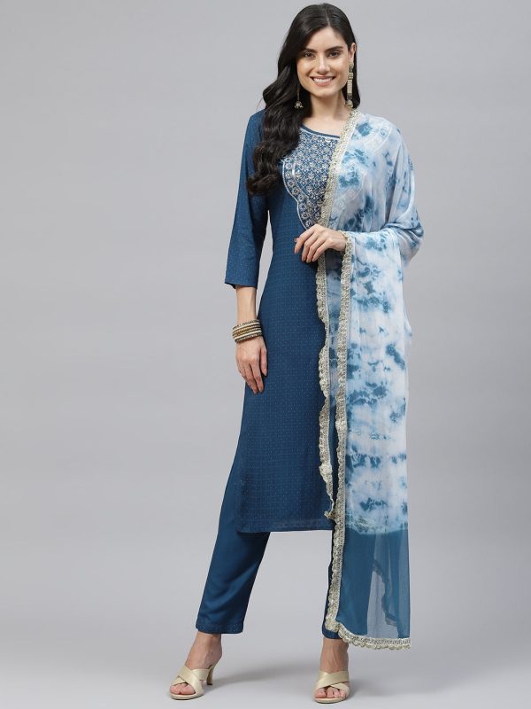 HERE&NOW Women Blue Embroidered Kurta with Trousers & Dupatta Online