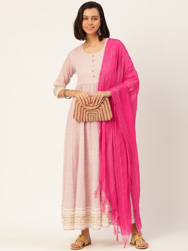 HERE&NOW Printed Anarkali Cotton Kurta With Dupatta Online Sale