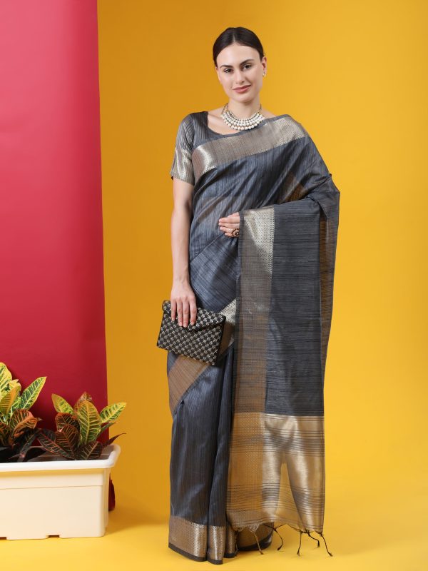 Vishnu Weaves Women s Grey Tussar Silk Zari Woven Saree with Blouse on Sale