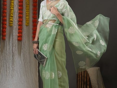 Saree Mall Olive Green & White Paisley Embroidered Organza Banarasi Sarees Hot on Sale