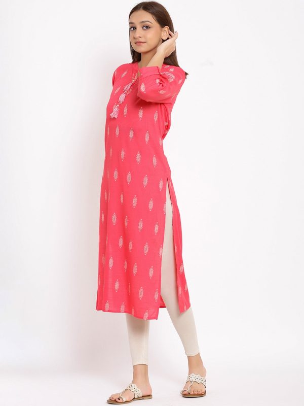 HERE&NOW Pink Mandarin Collar Ethnic Motifs Printed Pure Cotton Kurta Online Hot Sale