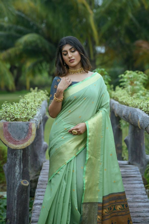 Vishnu Weaves Women s Sea Green Cotton Silk Zari Woven Saree with Blouse Online now