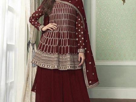 Myra Beautiful Maroon Georgette Embroidered Palazzo Suit Discount