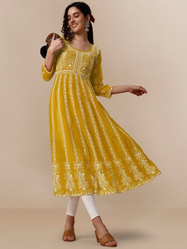 HERE&NOW Ethnic Motifs Embroidered Chikankari Georgette Anarkali Kurta Sale