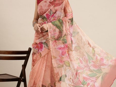 Saree Mall Pink Floral Printed Organza Sarees Sale