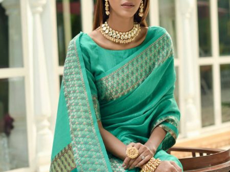 Vishnu Weaves Women s Sea Green Cotton Silk Zari Woven Butta Work Saree with Blouse Online now