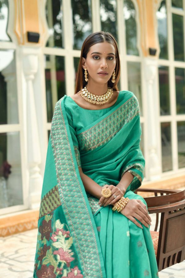 Vishnu Weaves Women s Sea Green Cotton Silk Zari Woven Butta Work Saree with Blouse Online now