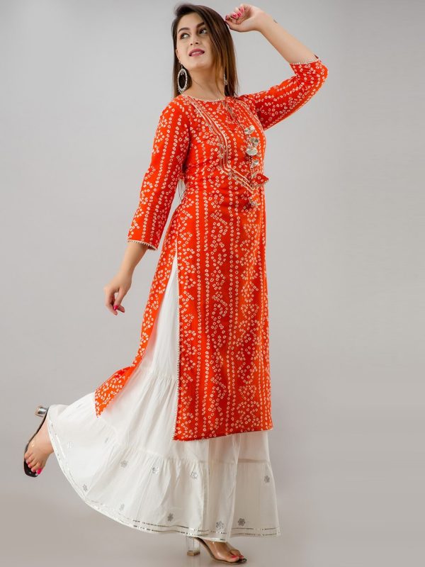 HERE&NOW Orange Tie Up Neck Bandhani Printed Gotta Patti Kurta Sale